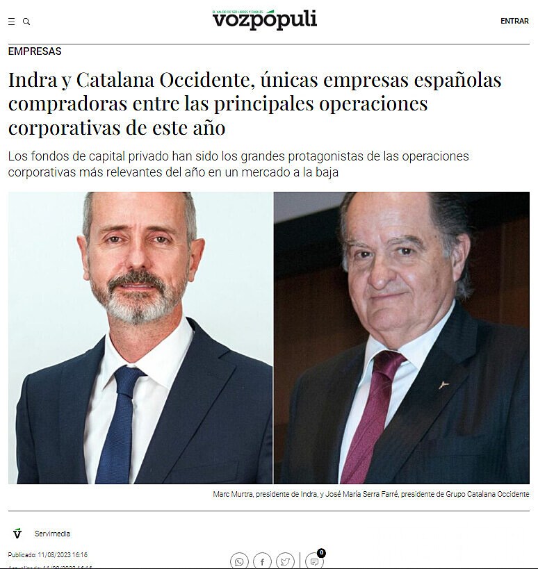Indra y Catalana Occidente, nicas empresas espaolas compradoras entre las principales operaciones corporativas de este ao